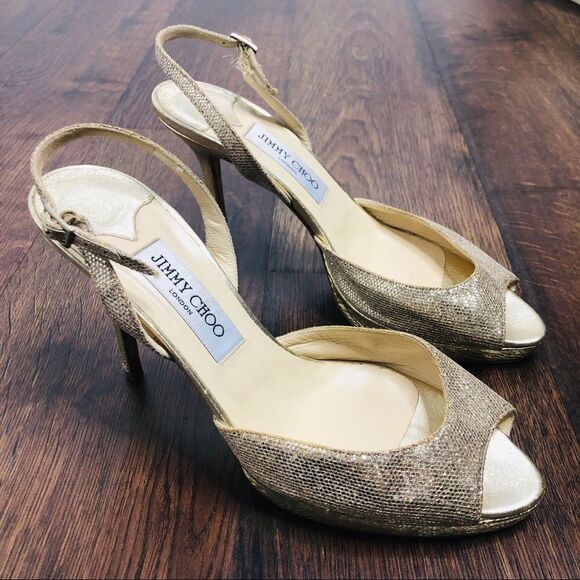 Jimmy Choo Clue Champagne Gold Glitter Platform 39 Shiny Strap Peep Toe